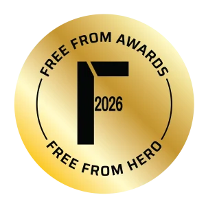 Free From Hero award logo 2026 metallic gold with black text